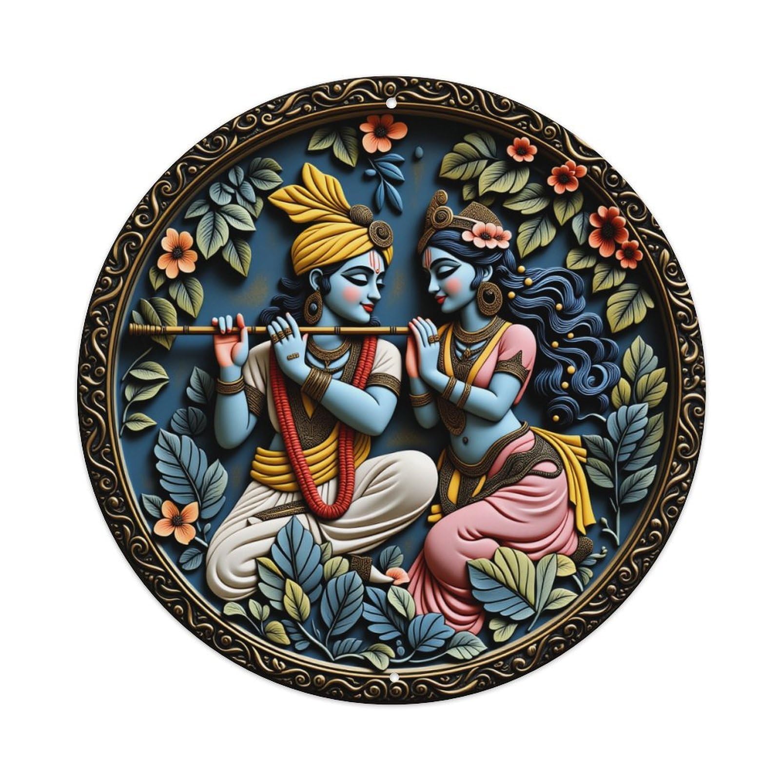 Divine Couple Playing Flute Amidst Flowers Metal Tin Sign Vintage Garden Bedroom Cafe Bar Man Cave Home Wall Decor Metal Poster 8x8 inches