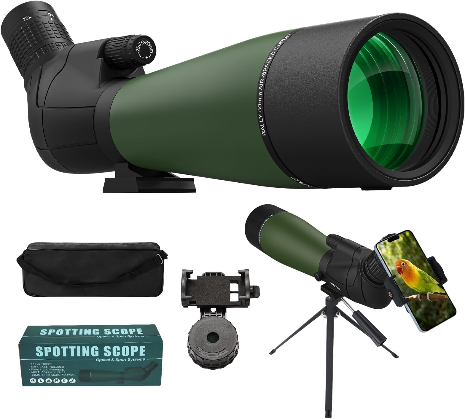 WOZEL 25-75x80 Spotting Scope with Tripod - Phone Adapter & Carrying Bag Included, HD BAK4 Prism Waterproof Spotter Scope for Target Shooting, Bird Watching & Wildlife Viewing