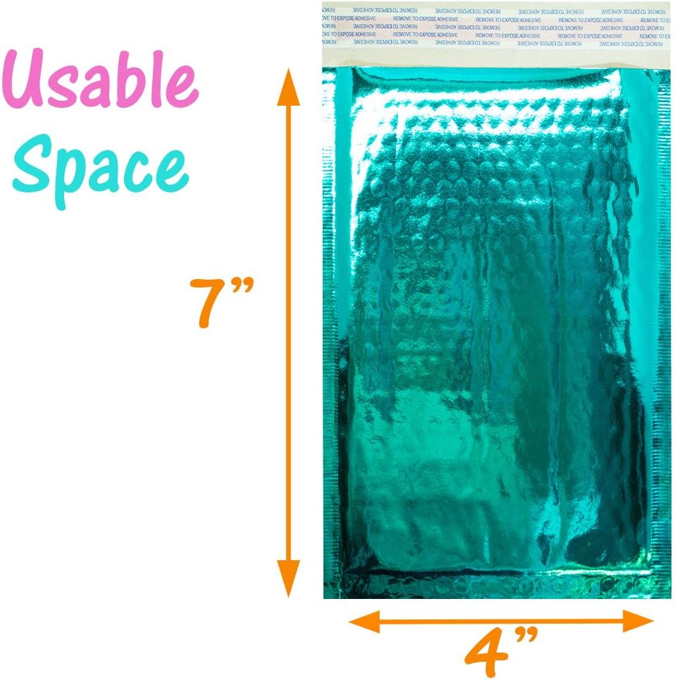 4x8 Teal, Silver Rose Gold, Gold Metallic Padded Bubble Mailers, Shipping Envelopes Shiny Vibrant Self Sealing Mail Bags, 4 x 7 Internal usable Space W/Aurora Stickers (Teal, 70)