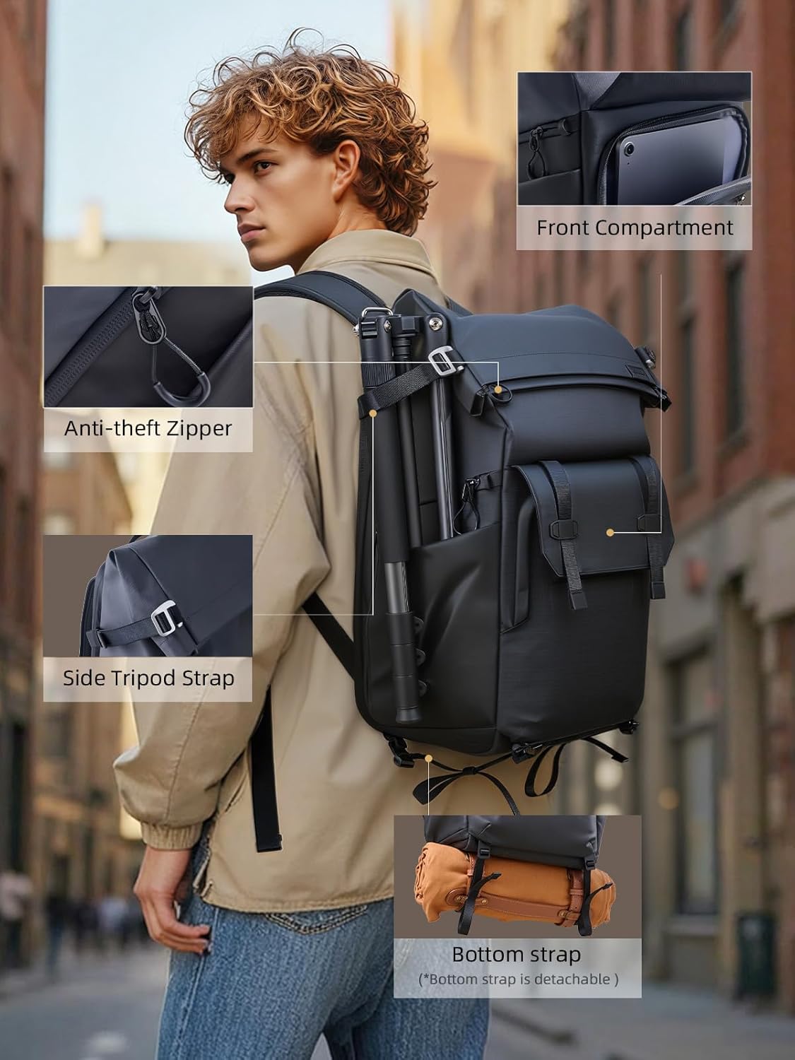 llano 25L Camera Backpack, Camera Bag for Sony Canon Nikon Drone, DSLR Mirrorless Bag for Photography, Expanable Rolltop Travel Backpack, 15,6" Laptop, Splash-WaterPoof, Tripod Holder, Black Gray - Image 7