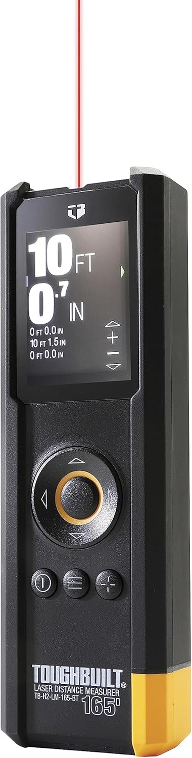 Contents of the ToughBuilt Laser Distance Measurer package: device, soft pouch, and two AAA batteries