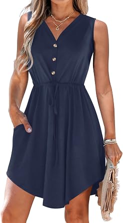MISFAY Womens Sleeveless V-Neck Sun Dress with Pockets | Breathable Stretchy Soft, Beach Travel Office Daily Wear, Button Detailing, Curved Hem, Above-Knee Length, Loose Swing Fit