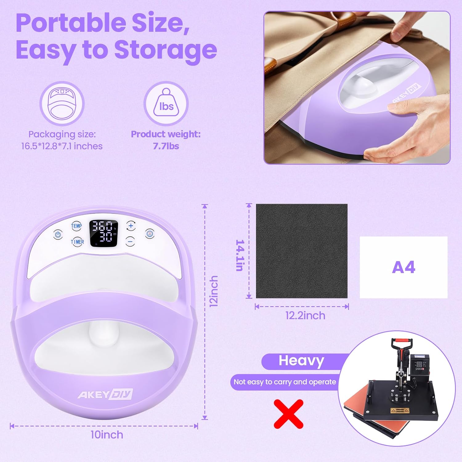 AKEYDIY Heat Press Machine, 12x10 Inch Portable Heat Transfer Machine Sublimation for T Shirts, Bags, Pillows, and HTV Vinyl Projects, w/Insulated Safety Base & 12''x14'' Insulation Pad