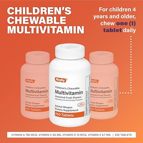 Miniatura 2 de Rugby Children's - Tabletas multivitamínicas masticables para niños, suplemento dietético, sabores variados de frutas, formas de animales, 250