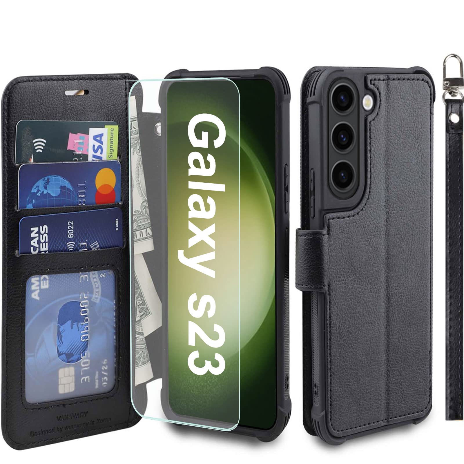 VANAVAGY Compatible for Galaxy S23 Wallet Case, 12ft Drop Protection, RFID Blocking PU Leather Flip Cover