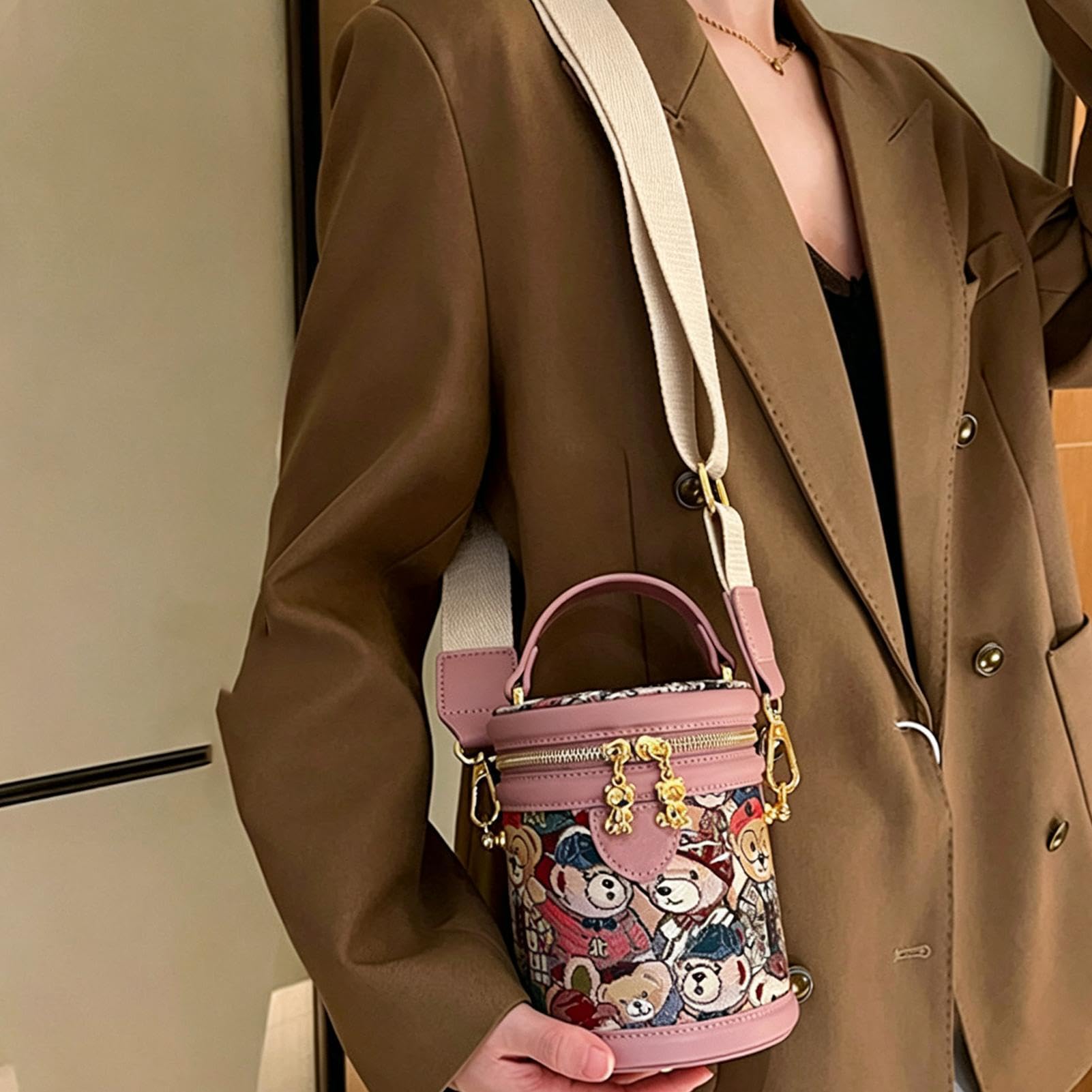 Generisch Compact Kleine Bucket, Bag PU Leder, Verstellbar Retro-Bär,