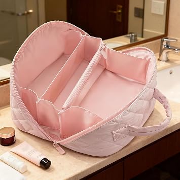 Illuminate Makeup Bag, Illuminate Travel Makeup Bag That Opens Flat, 180 Makeup Bag That Opens Wide Lie Flat MakeupBag, Large Capacity Toiletry Organizer for Women (Beige)