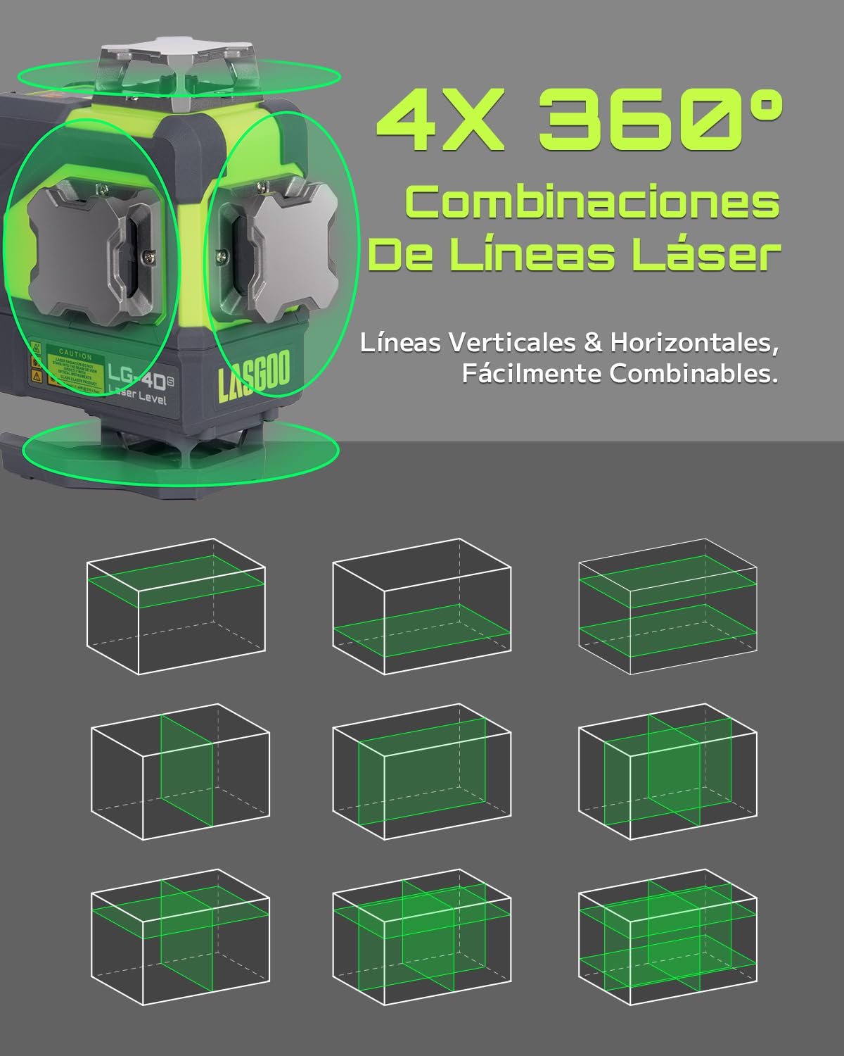 Nivel Láser Autonivelante LasGoo 4x360°, 16 Líneas Verdes en Cruz, para Proyectos de Construcción y Decoración del Hogar, con 2 Baterías Recargables de Iones de Litio y Soporte Magnético, Modelo LG4Ds