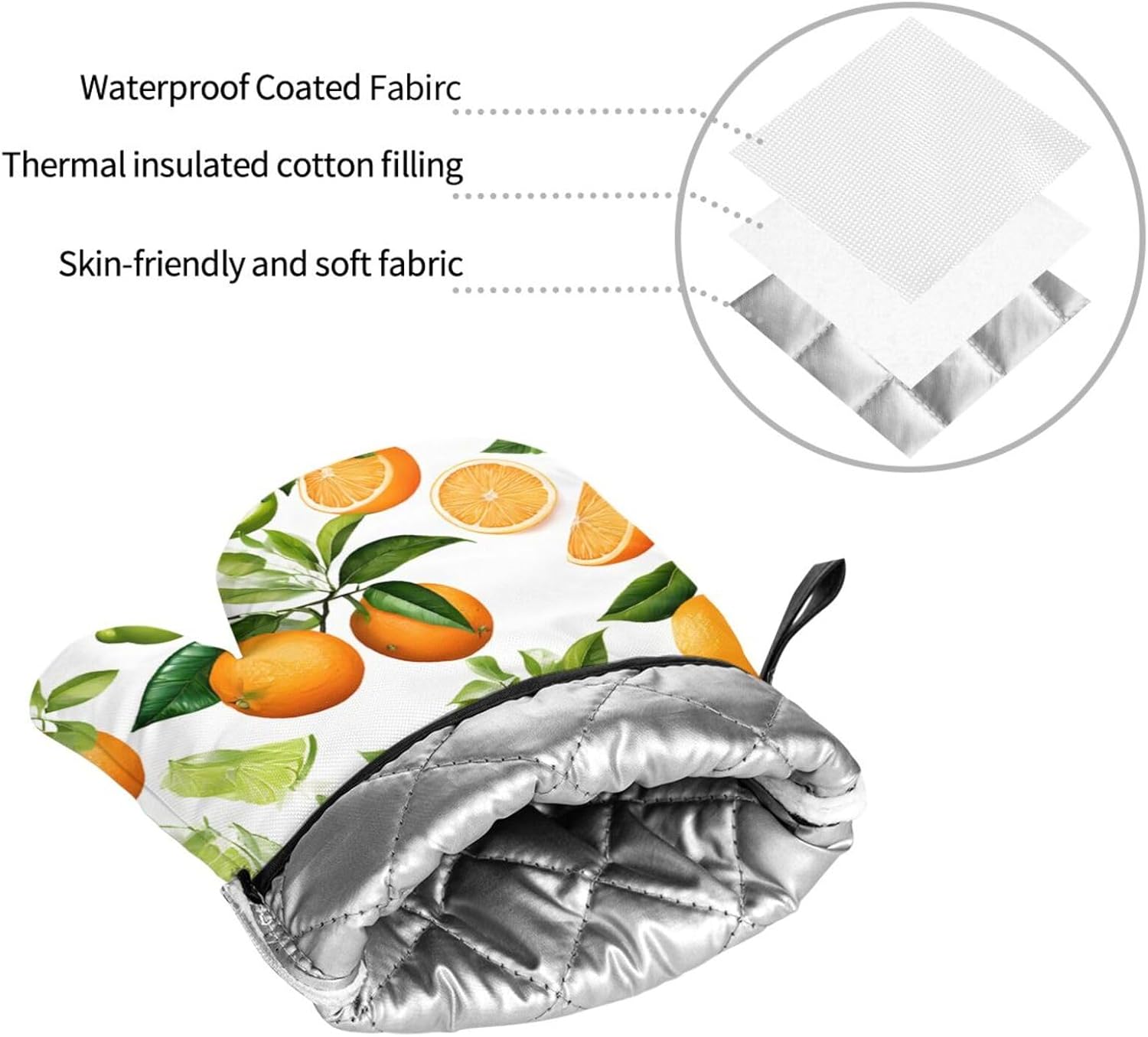 (Yellow Blossom and Orange Fruits) Baking 4-Piece Set: 2 Oven Mitts and 2 Pot Holders Heat Resistant Waterproof Hanging Loop for Kitchen Oven Grill Housewarming Gifts