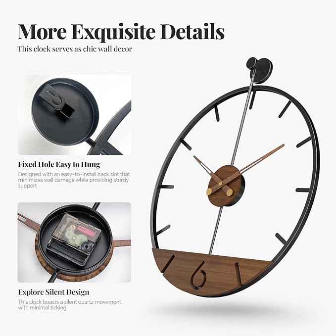 Reloj de Pared Grande Cuspin 76 cm Moderno Granja Nuez Marco Negro miniatura 6