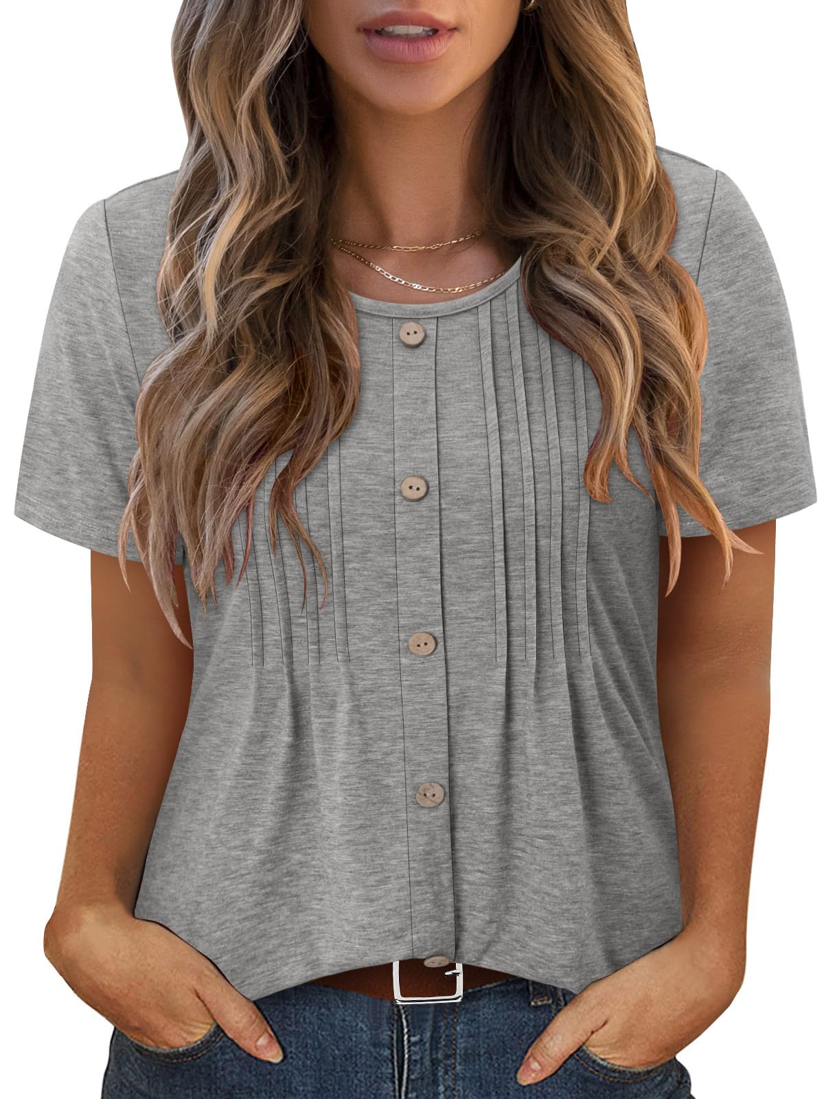 KISSMODA Women's Summer Tops Casual Round Neck Pleated Short Sleeve Chiffon Blouses Shirts Plain&Floral Printed