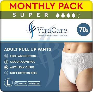 70 x Super Adult Nappies, Maximum Absorbency and Overnight Protection, Nappies for Men and Women, Incontinence Pants, Size Large, Waist Size 80-156 cm Large