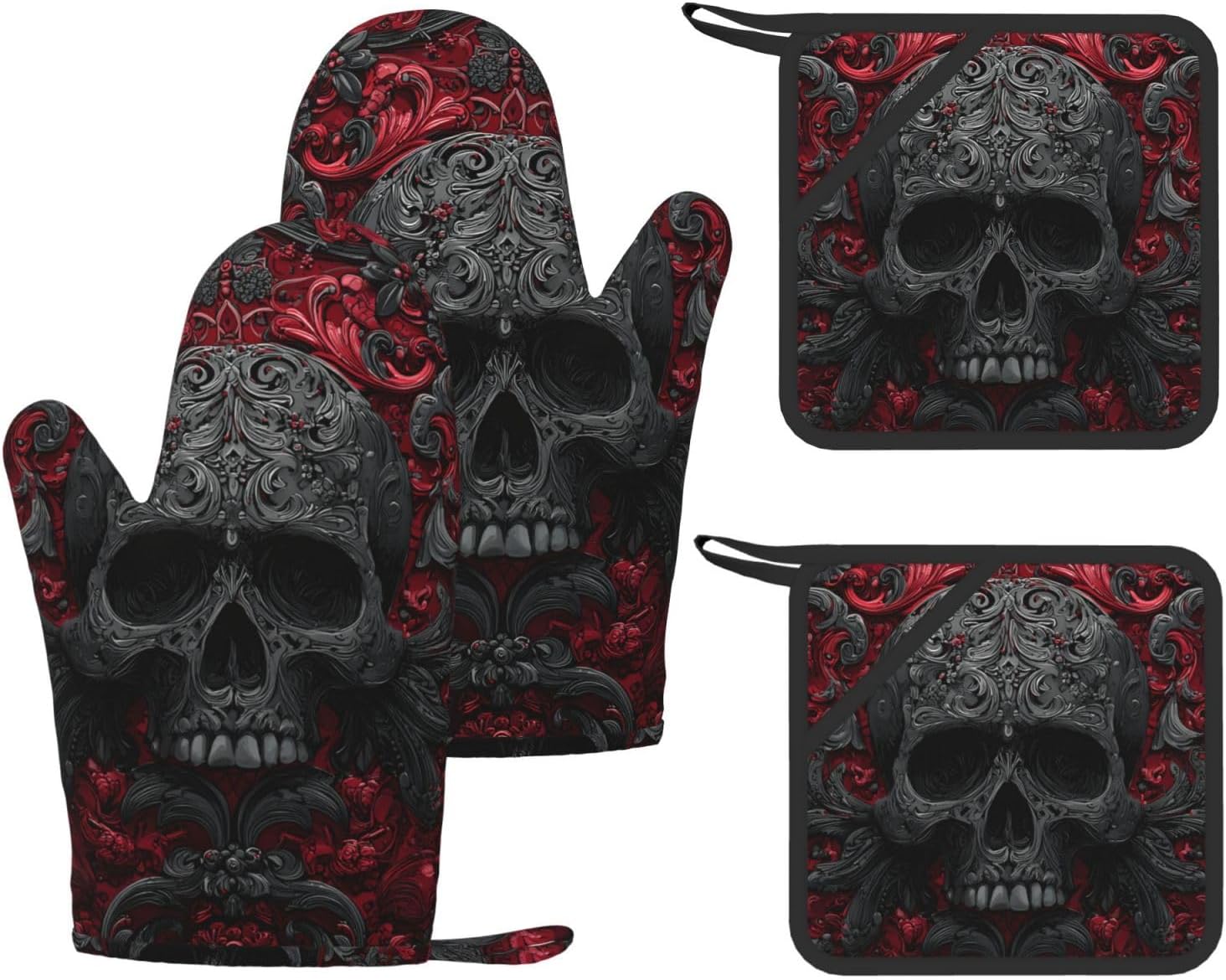 Gothic Wallpaper Skull 4pcs Oven Mitts and Pot Holders Sets for Kitchen, Silicone Oven Gloves Non-Slip Potholders Hot Pads for Baking Cooking