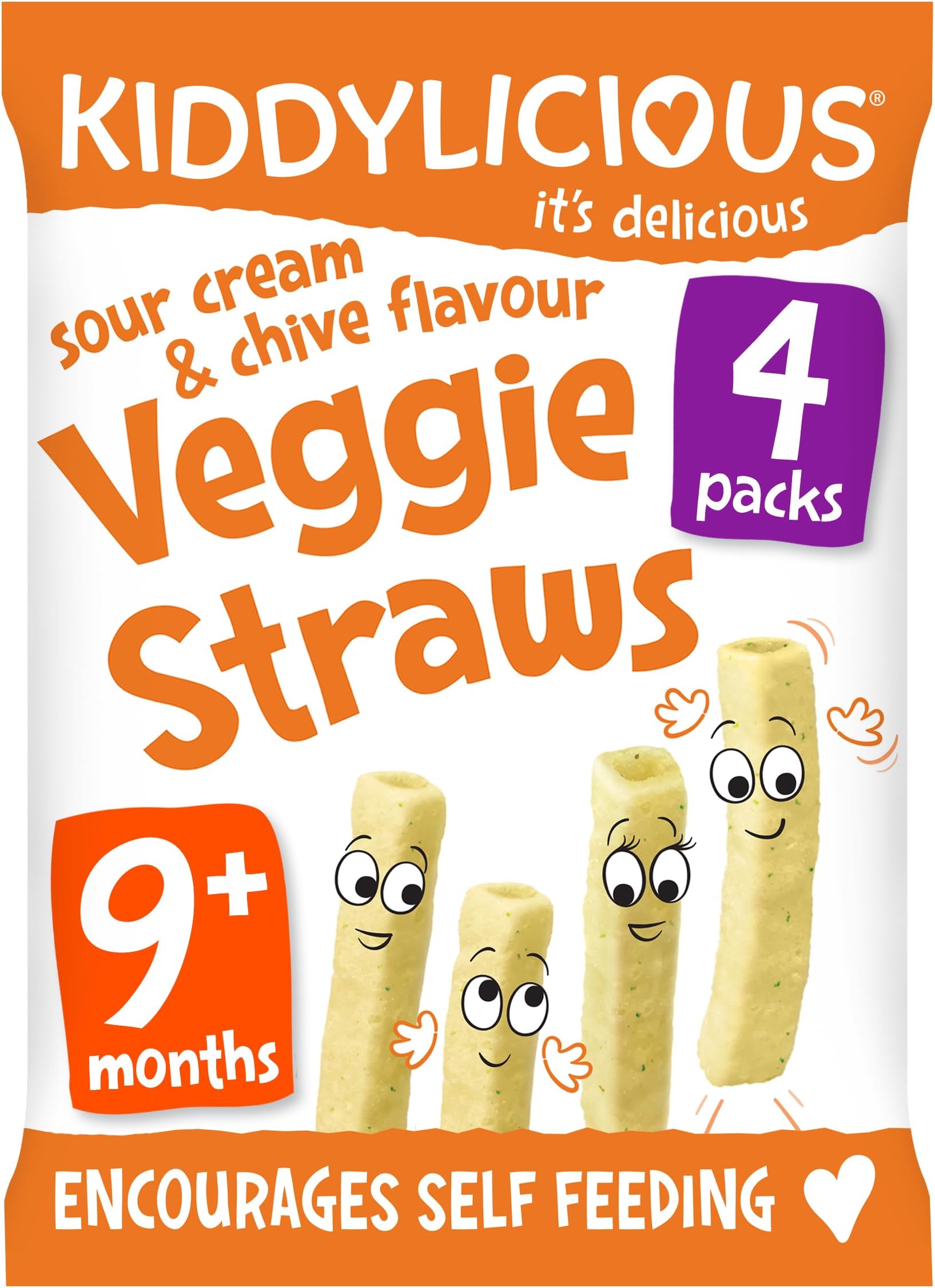 Kiddylicious Sour Cream & Chive Veggie Straws - Delicious Finger Food Kids Snack - Gluten Free - Suitable for 9+ Months - 4 Packs (4x12gm)