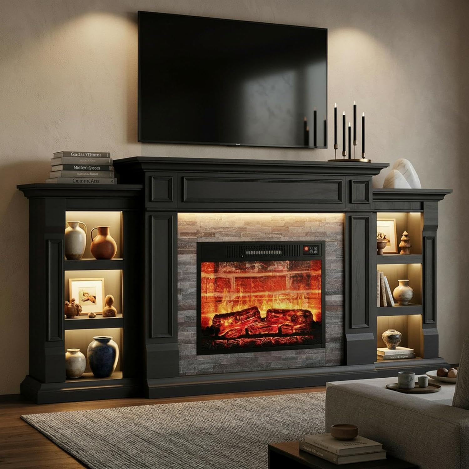72 Inch LED Fireplace TV Stand, Electric Fireplace with Mantel, Modern Entertainment Center with Storage for TVs Up to 80 Inch, Electric Fireplace Insert with Realistic 3D Flame Effect