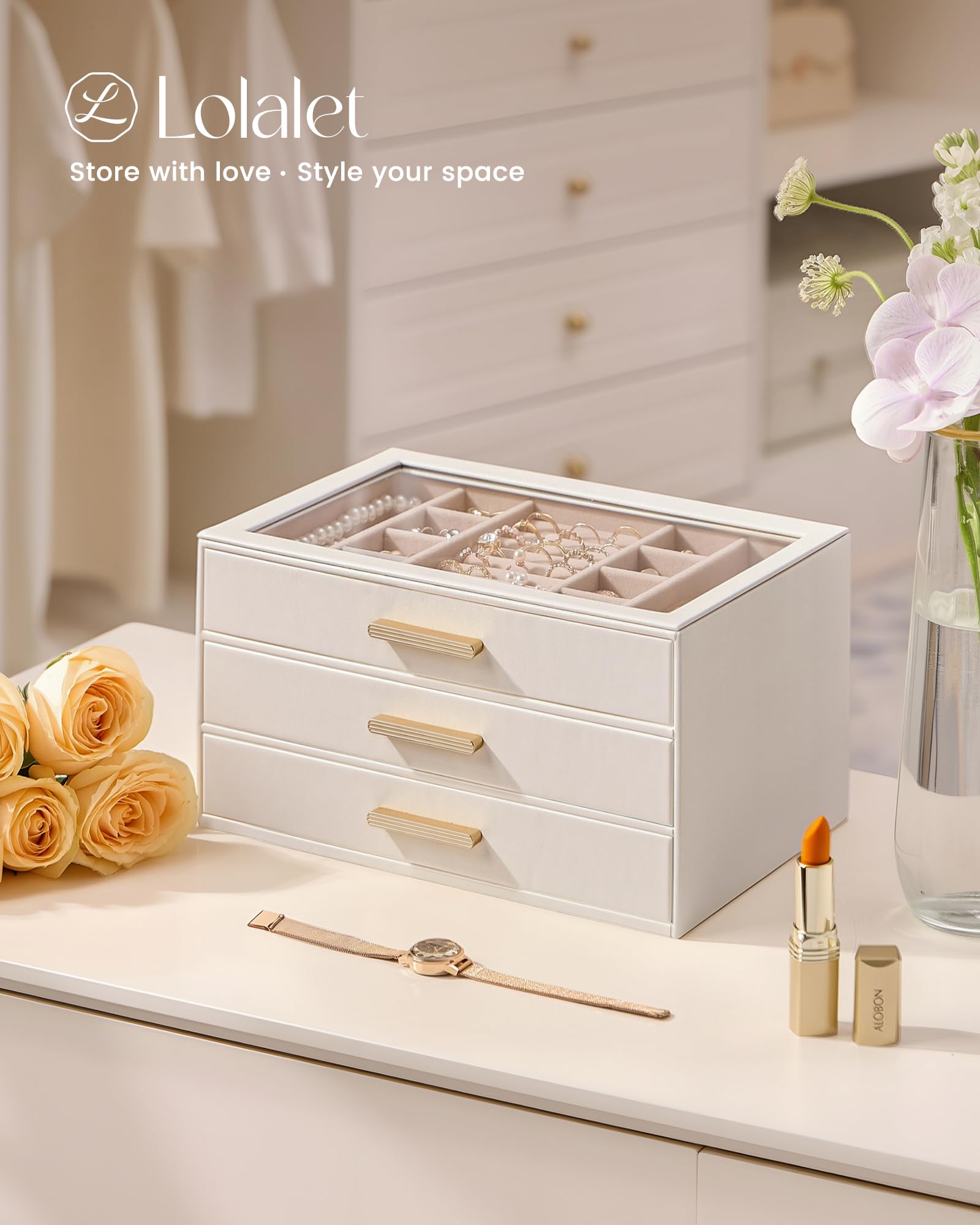 Lolalet Jewelry Box Organizer, 3-Layer Jewelry Organizers and Storage Case with Glass Lid, Ring Earring Bracelet Necklace Holder Organizer, Birthday Christmas Gifts for Women Girls -3Layer, Beige