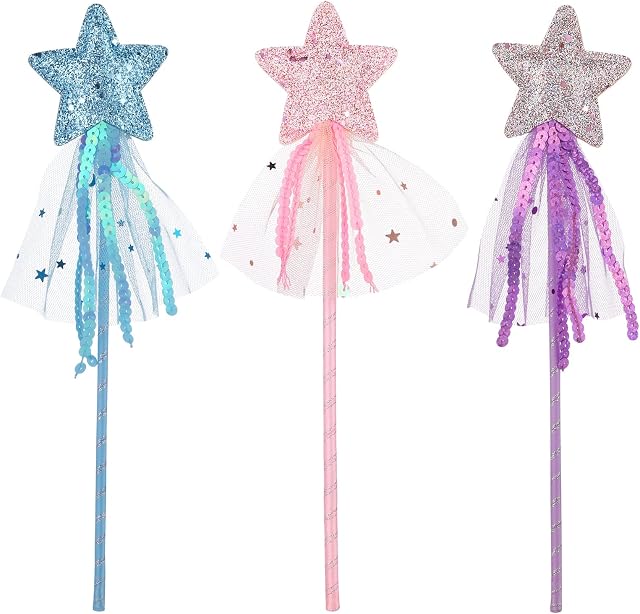 Prasacco 3 Pcs Fairy Wands for Kids Glitter Princess Wands Star Wand Toy Wands for Girls Fairy Stick for Christmas Costume Prop Birthday Party Supply Cosplay Accessories