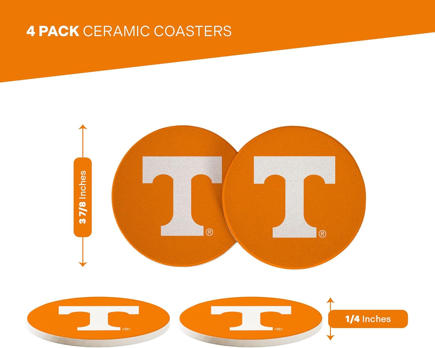 Desert Cactus University of Tennessee Circle Ceramic Coasters 4 Pack UT Knoxville Volunteers Vols Absorbent Drink Coasters with Cork Backing (Design A) - Image 2