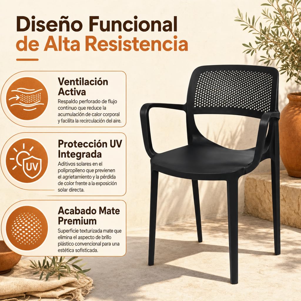 Pack 2 Unidades — Silla de plástico con reposabrazos y Respaldo Perforado para terraza o Interior Antracita