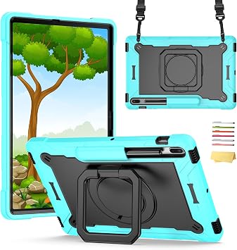 Stand Case for Samsung Galaxy Tab S8 Plus 2022/Tab S7 FE 5G 2021/Tab S7 Plus 2020 12.4 inch 360 Degree Rotating Kickstand,with Hand/Shoulder Strap Rugged Shockproof Cover, Aqua Green & Black