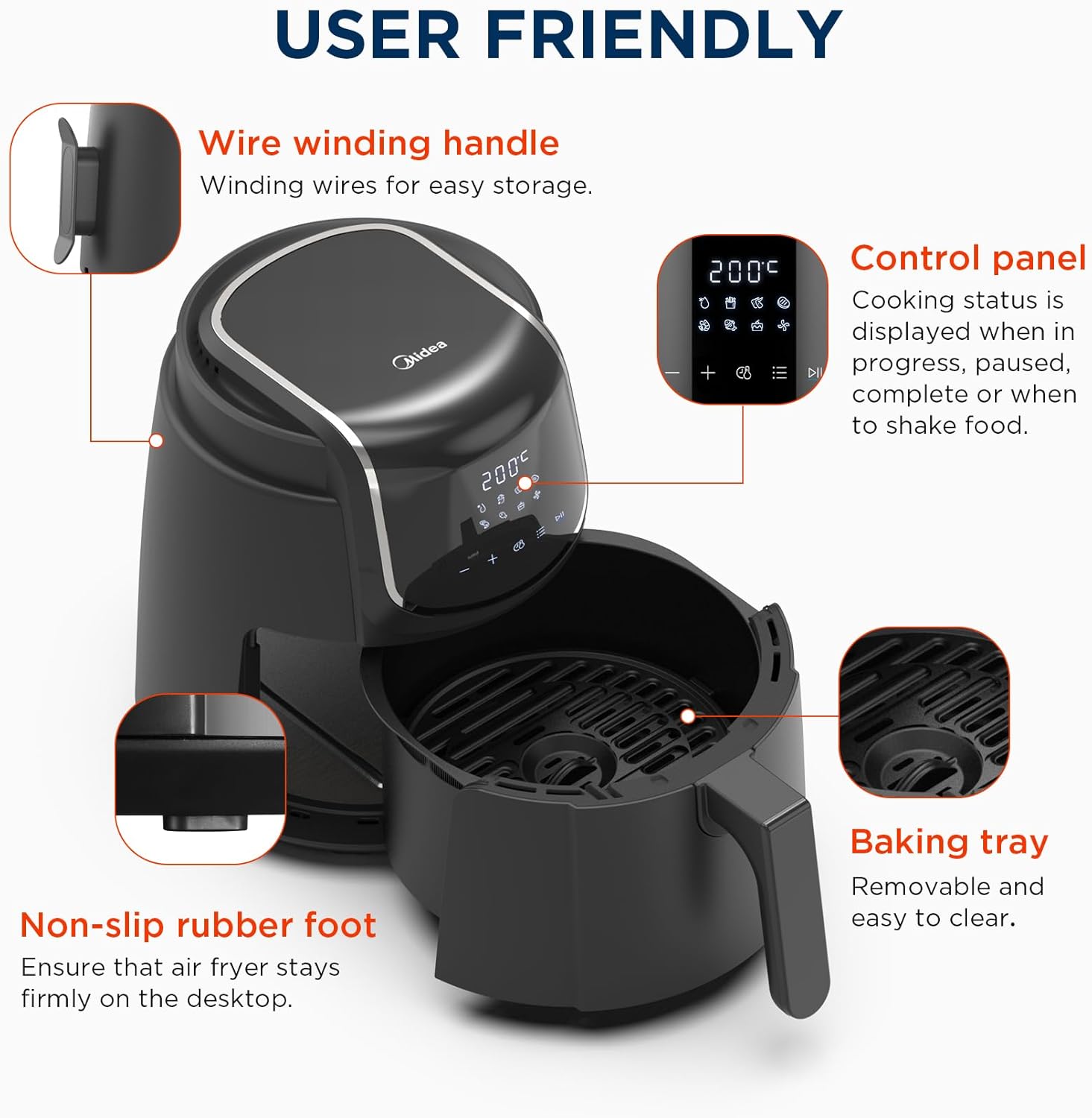 Diagram showing user-friendly features of the Midea Air Fryer: wire winding handle, control panel, non-slip rubber foot, and removable baking tray.