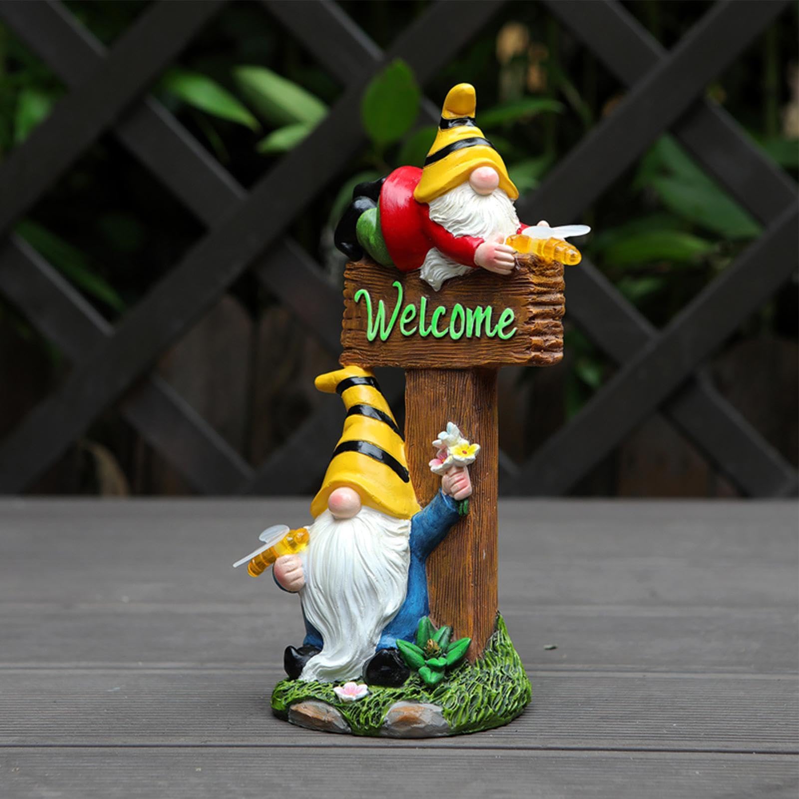 Decorazioni a forma di gnomi – 20 cm dipinto, finitura in pietra, contorno a cappello appuntito, struttura rustica invecchiata, statue illuminate notturne, base piatta autoportante per prato