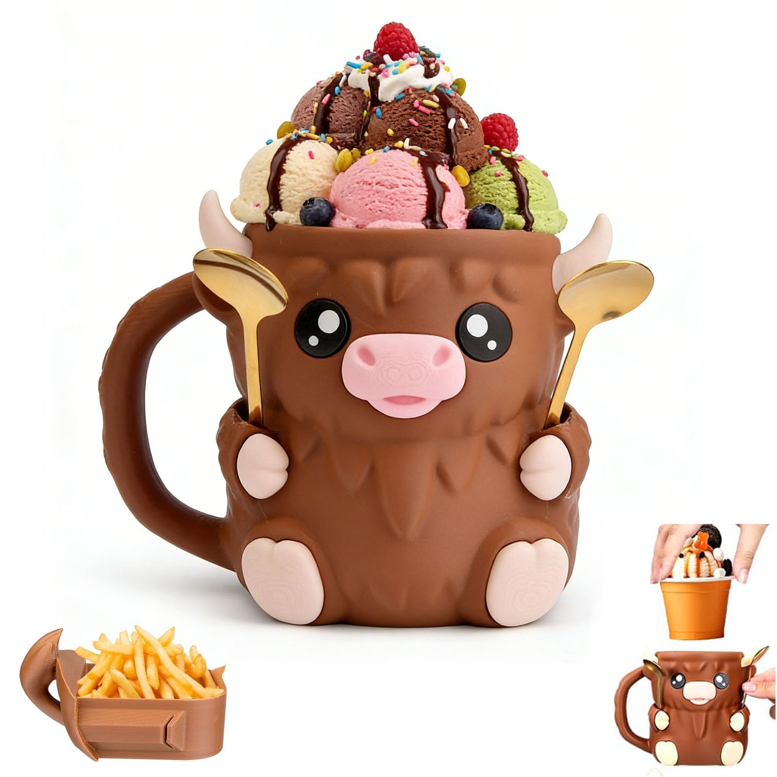 Highland Cow Ice Cream Pint Holder, Ice Cream Holder with 2 Spoons, Leak-Proof Popsicle, Ice Cream Cooler Container, Soda Beer Can Cup for Highland Cow Lovers