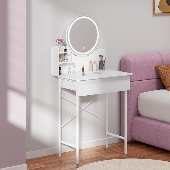 Dressing Table with LED Lights Vanity Desk Makeup Vanity Desk, Vanity Table with 1 Drawer and 2 Opening Shelves, Bedroom Dressing Table, 3 Modes Brightness Adjustable White