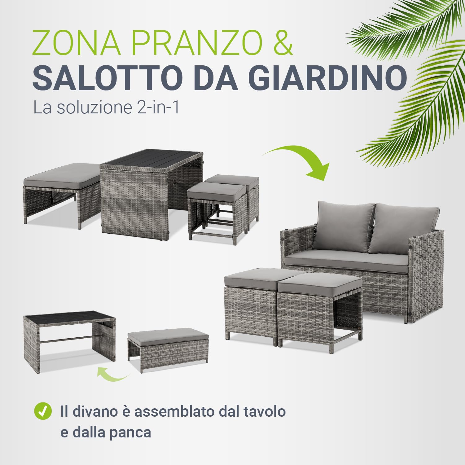 Juskys 2in1 Set di mobili da giardino relax in polyrattan Jamaika - Tavolo, divano da giardino - Salottino per balcone, giardino - Lounge da esterno grigio