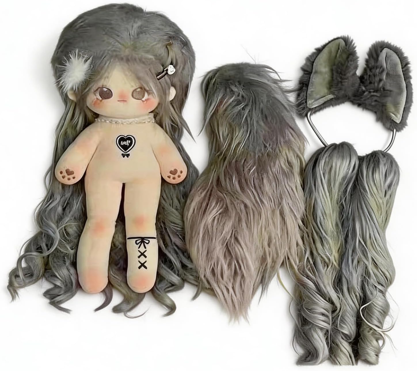 Cute Wolf Girl Plush Doll 32cm Stuffed Animal Soft Plushie Companion with Black Hat Top Outfit Shorts Plush Toy Set (E192)