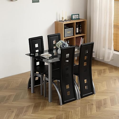 Miniatura 9 de Juego de mesa de comedor negra de 5 piezas para 4, juego de mesa y sillas de cocina de vidrio moderno, juego de mesa de comedor que ahorra espacio
