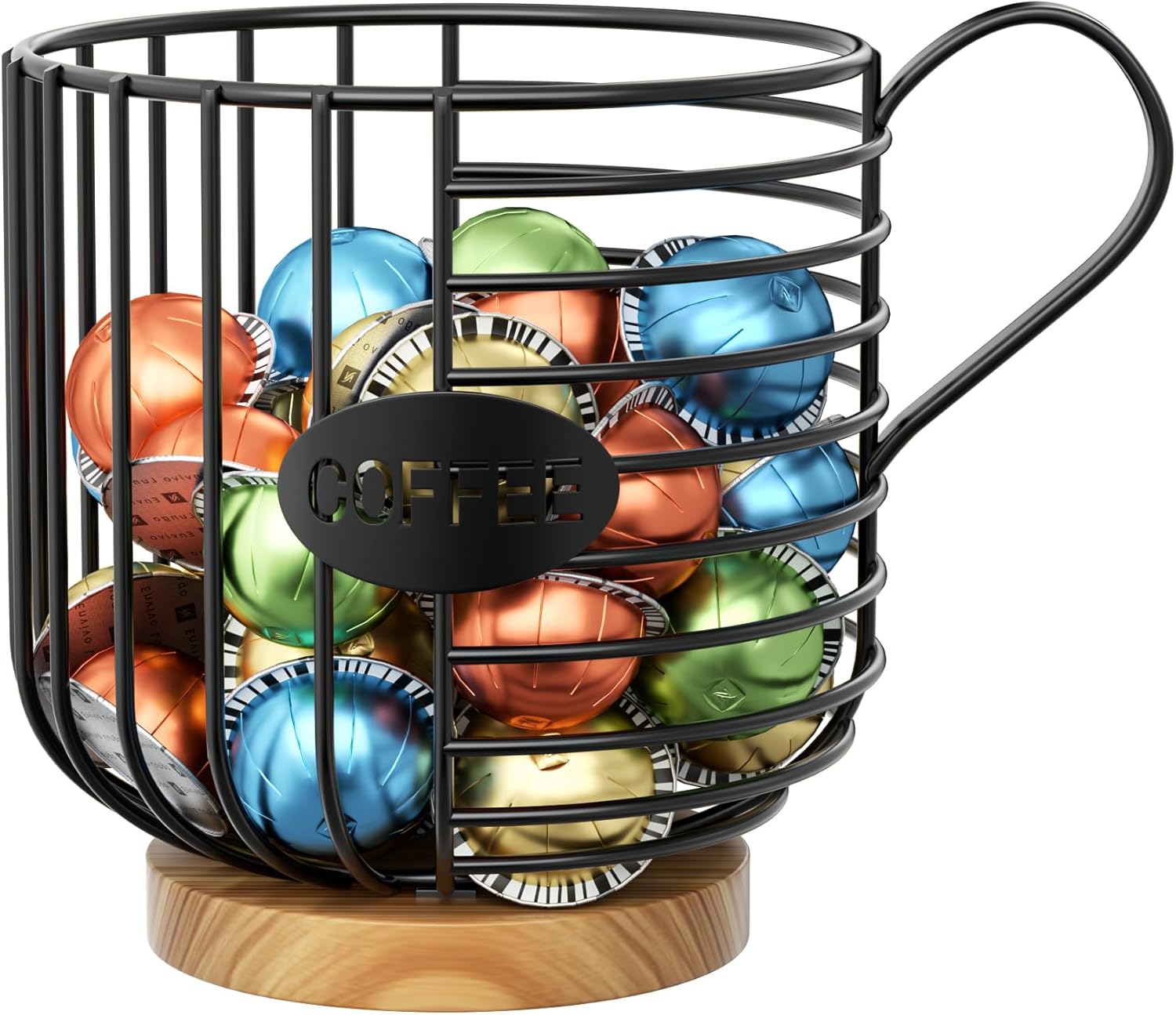 Coffee Pod Holder, 45+ Large Capacity Wire K Cup Storage Organizer with Solid Wood Base, Anti-Slip Coffee Capsule Holder for Kitchen Bar Counter, Compatible with K-Cups/Nespresso Espresso Capsules