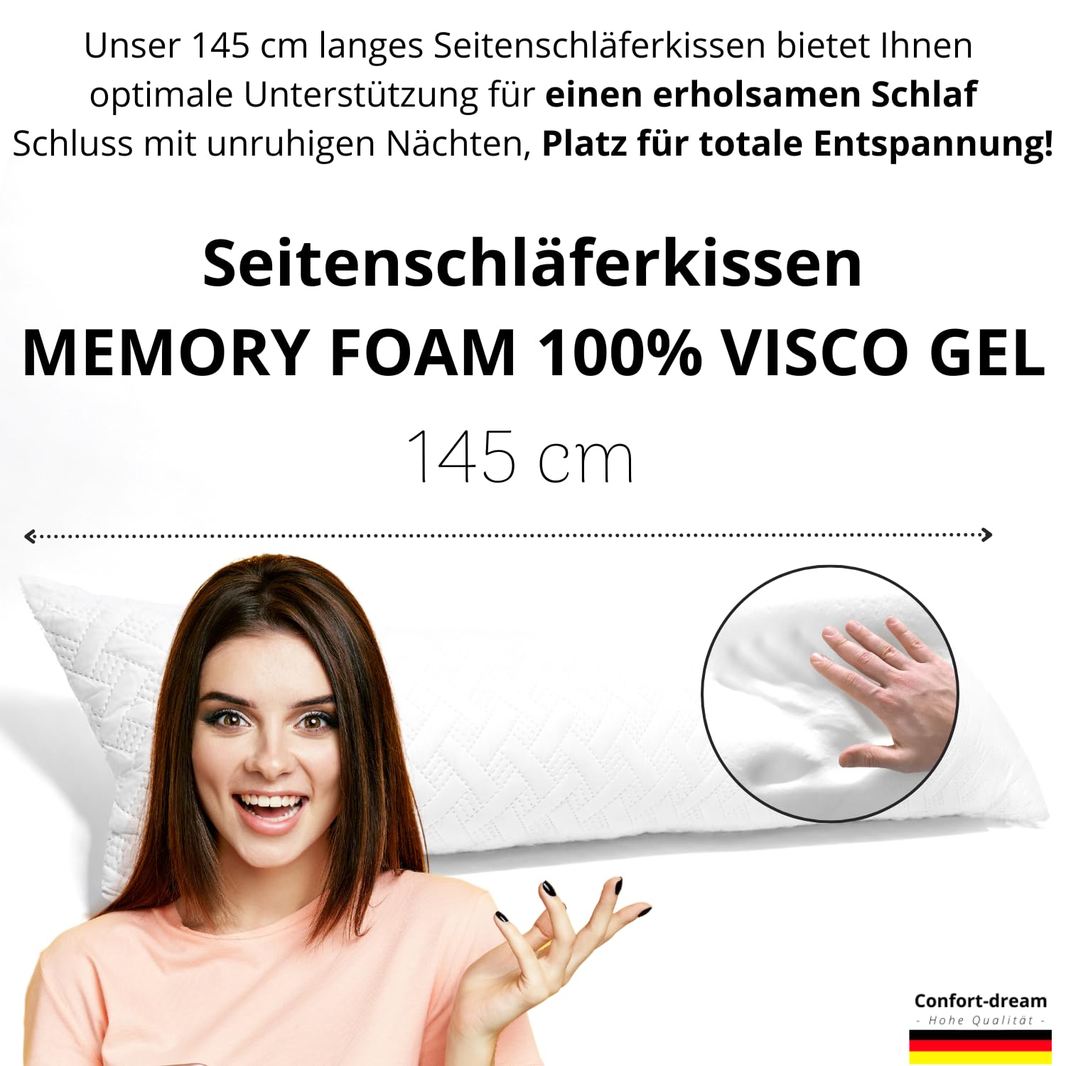 Seitenschläferkissen Memory Foam 40 x 145 cm XXL Gel Viscoschaum Orthopädisch Kissen für Schwangere