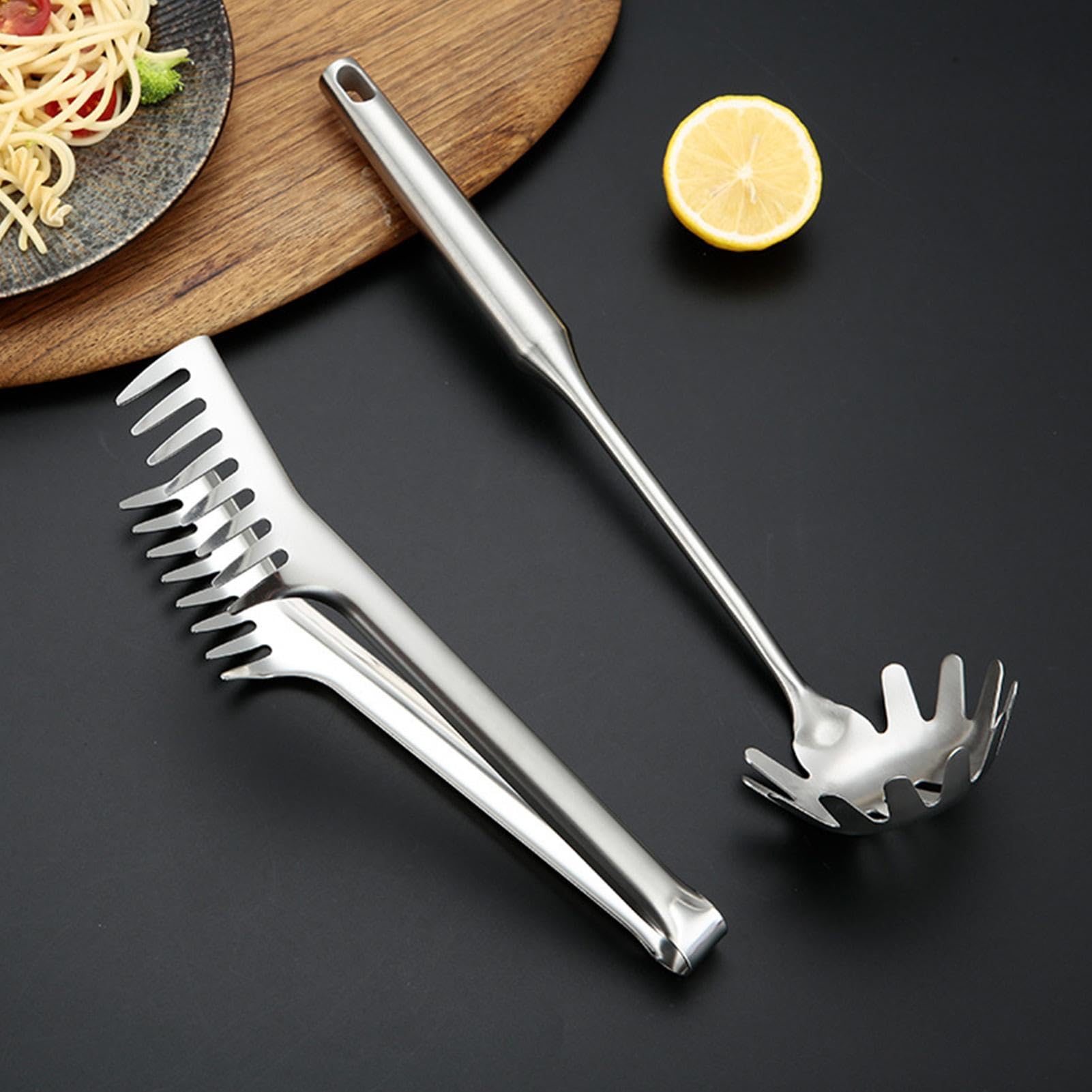Lot de 2 fourchettes à nouilles, cuillères à spaghetti et pince à pâtes – Couverts de service en acier inoxydable avec poignée confortable pour cuisiner des pâtes à spaghettis