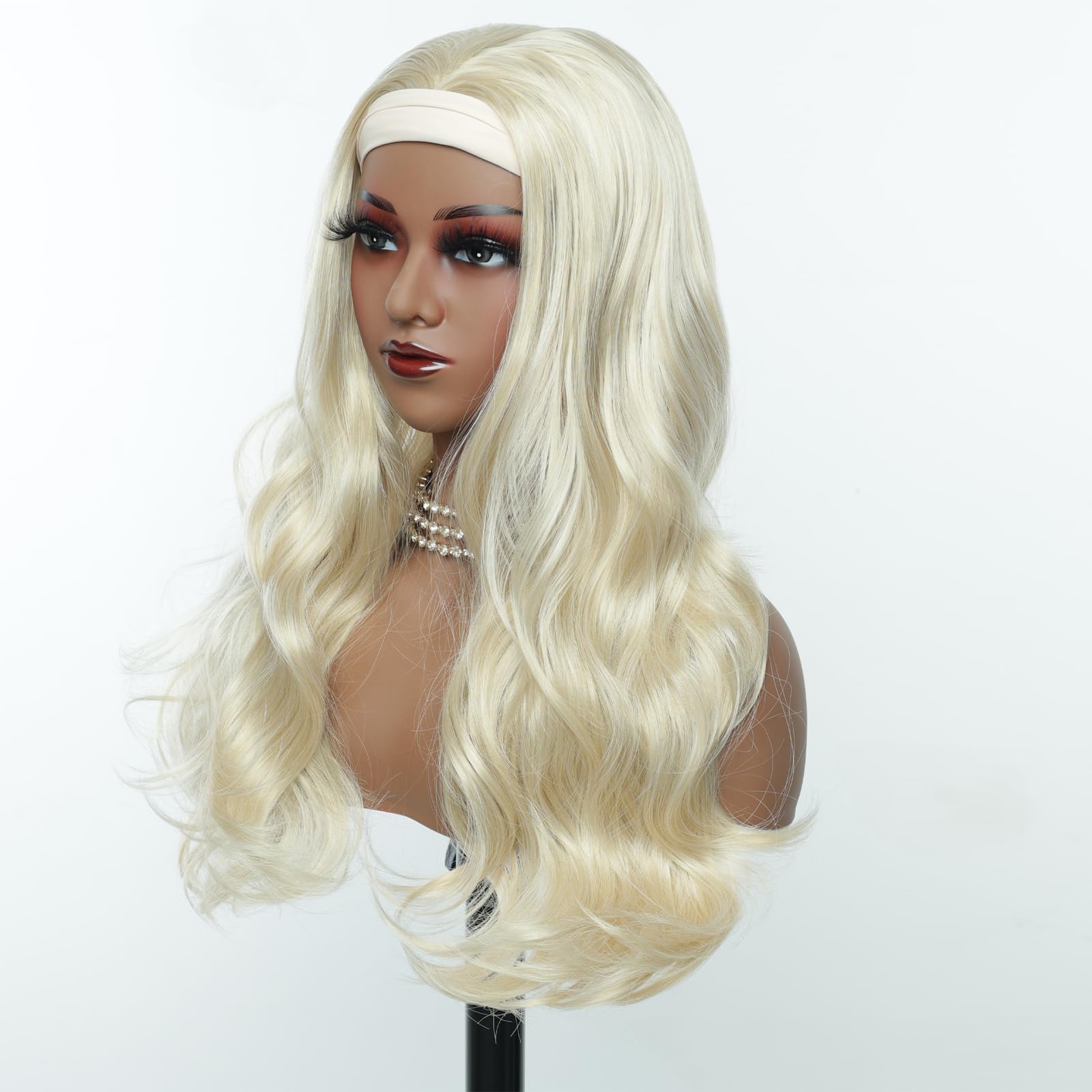 Creamily Long Body Wave Headband Wig, 26 Inch Synthetic Loose Body Wavy Platinum Blonde Headband Wig for Women - Image 2