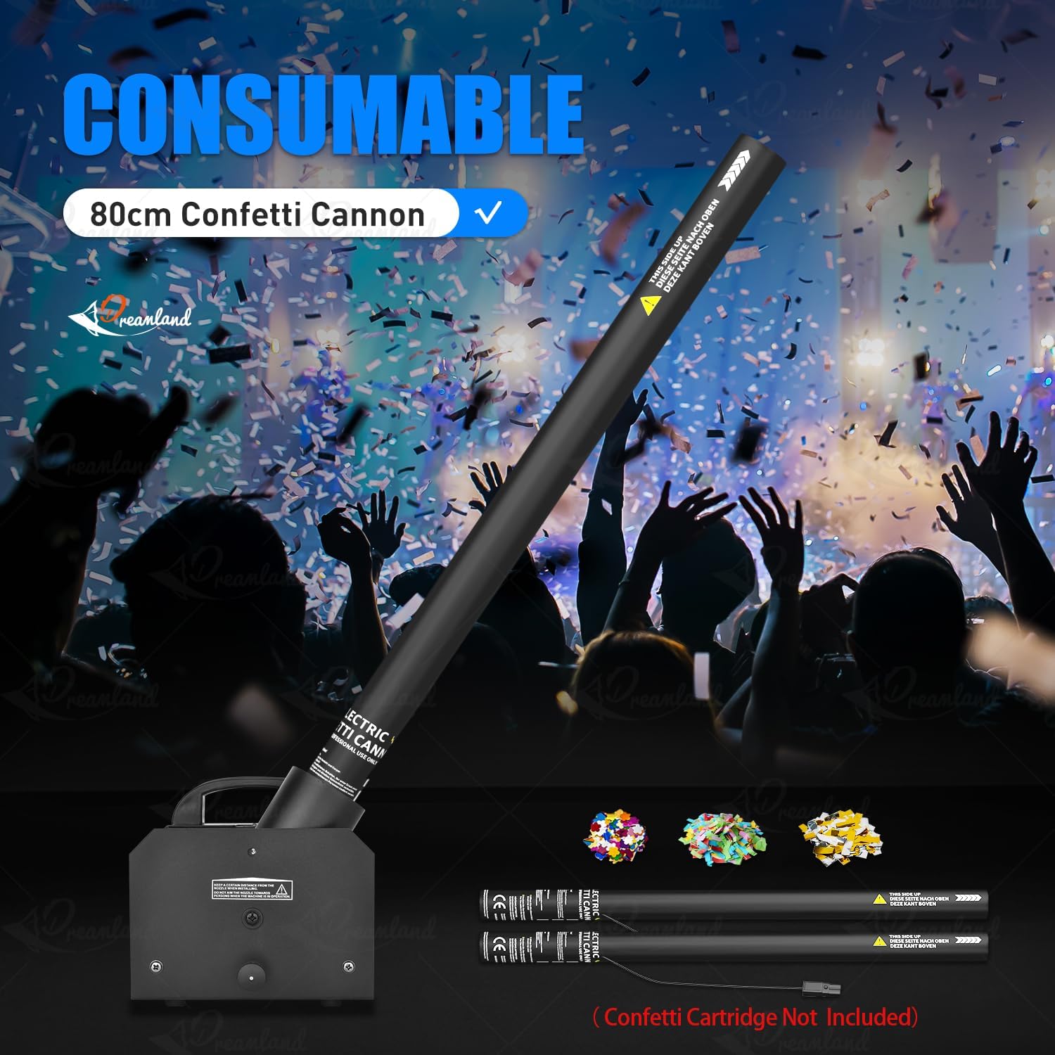 Image showing the MOKA SFX Confetti Cannon with an 80cm confetti cannon consumable being inserted, along with examples of confetti cartridges.