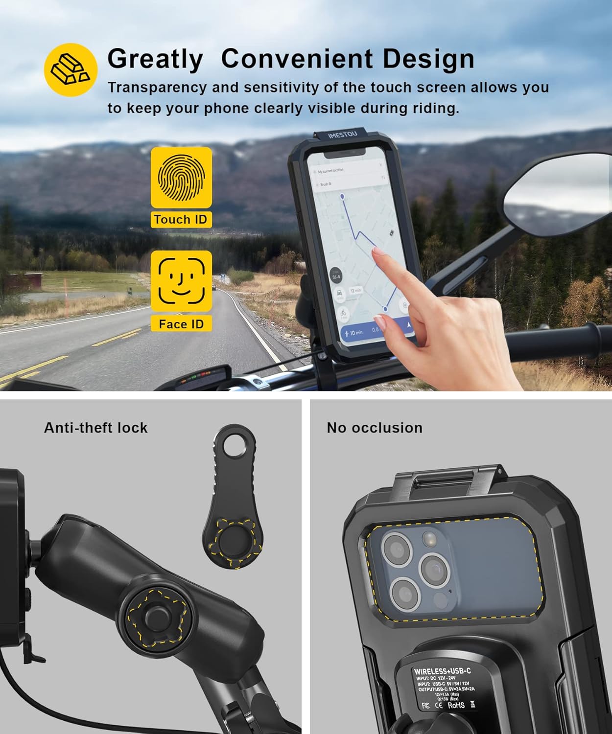 iMESTOU Waterproof Motorcycle Wireless Mount with USB-C Fast Charger, Anti-Theft 1" Ball Phone Holder with Aluminum Handlebar Mounting Base Fits for 5.5"-6.8" Cellphones (L)
