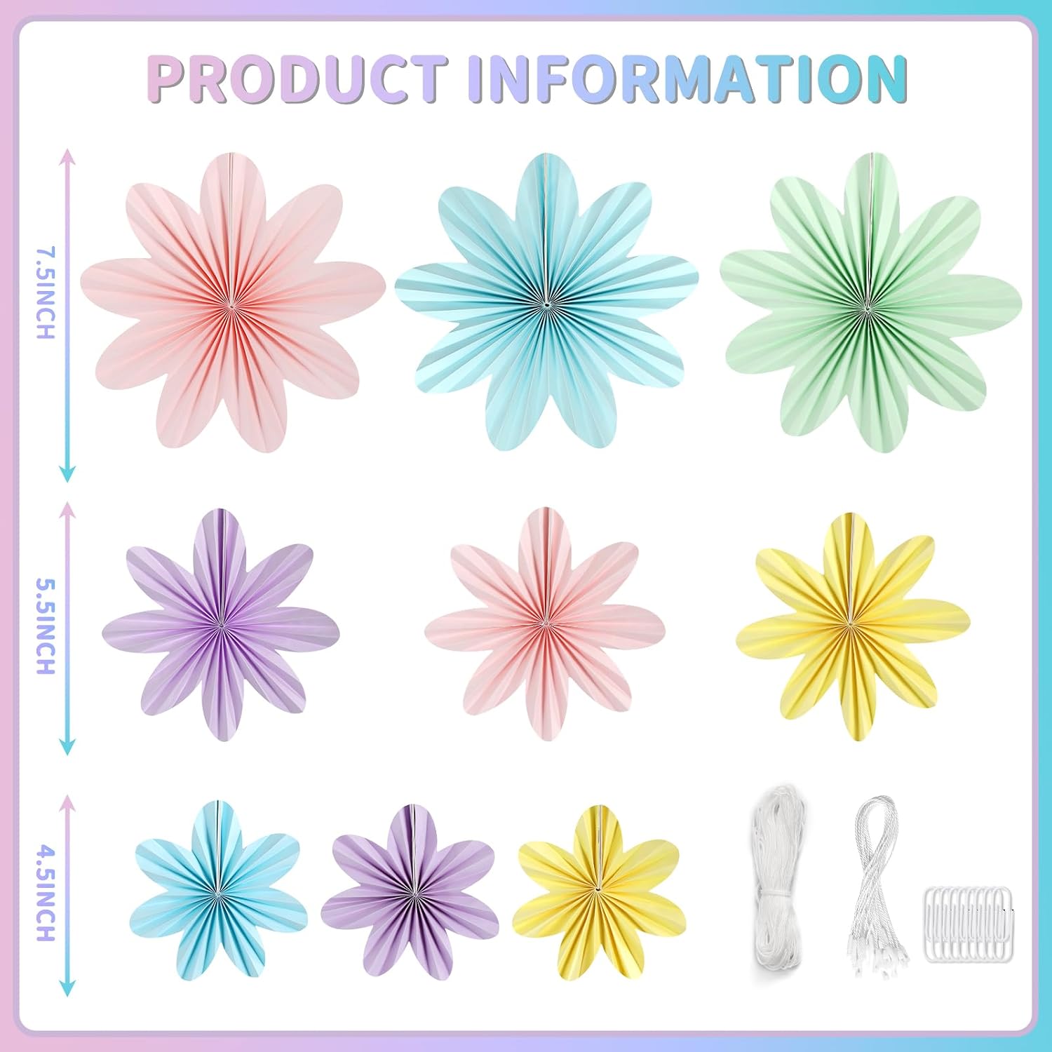 Paper Flowers Decorations for Wall, Kaluofan 9 PCS Paper Fans Party Decorations, Pastel Classroom Decor Hanging Floral Decorations for Birthday Weddding Festival Carnival Summer Party