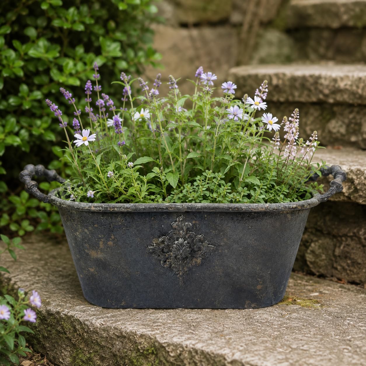 Rustic Metal Trough Aged Finish Planter Decorative Motif Antique Patina
