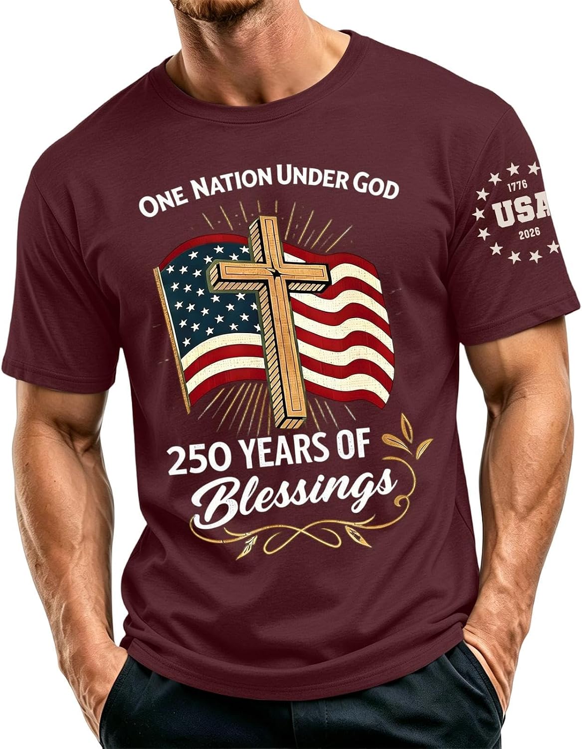 Ymosrh 250th Anniversary USA Shirts for Men Short Sleeve American Flag and Cross Print Independence Day Shirts, S-5XL