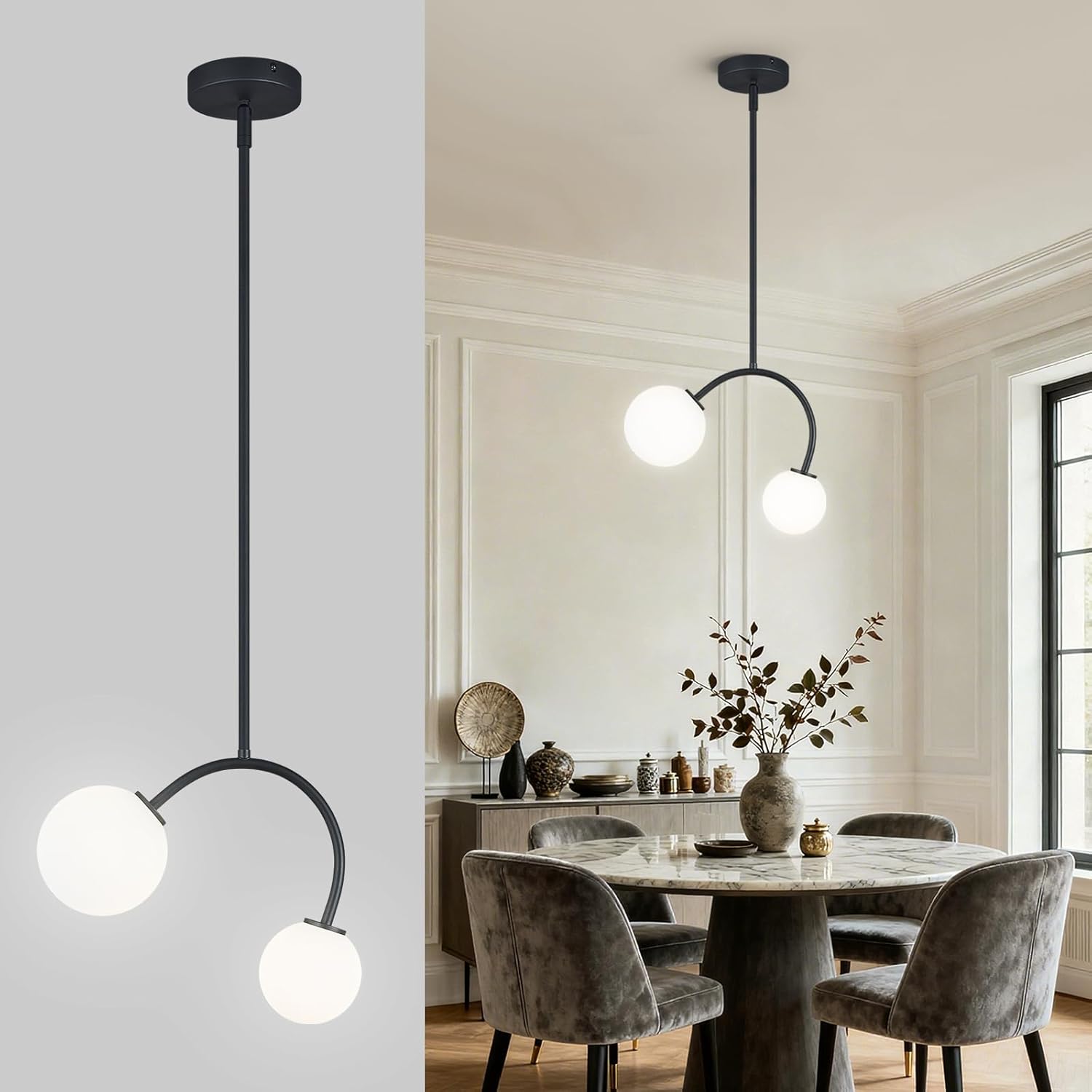 Modern Pendant Light Fixtures, 4.72" Milk Glass Pendant Lights Kitchen Island, Matte Black Kitchen Island Chandeliers for Dining Room, 2 Round Globe-1 Pack,G9 Bace(Bulb Not Included)