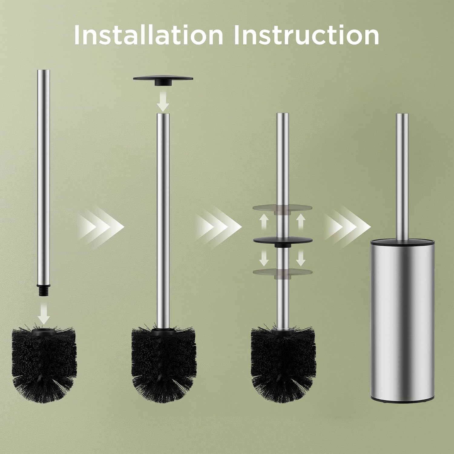 Toilet Brush and Holder Set, Toilet Bowl Brush with Heavy Duty 304 Stainless Steel Base and Extra Long Handle, Toilet Bowl Cleaners Brush for Bathroom (Stainless Steel)