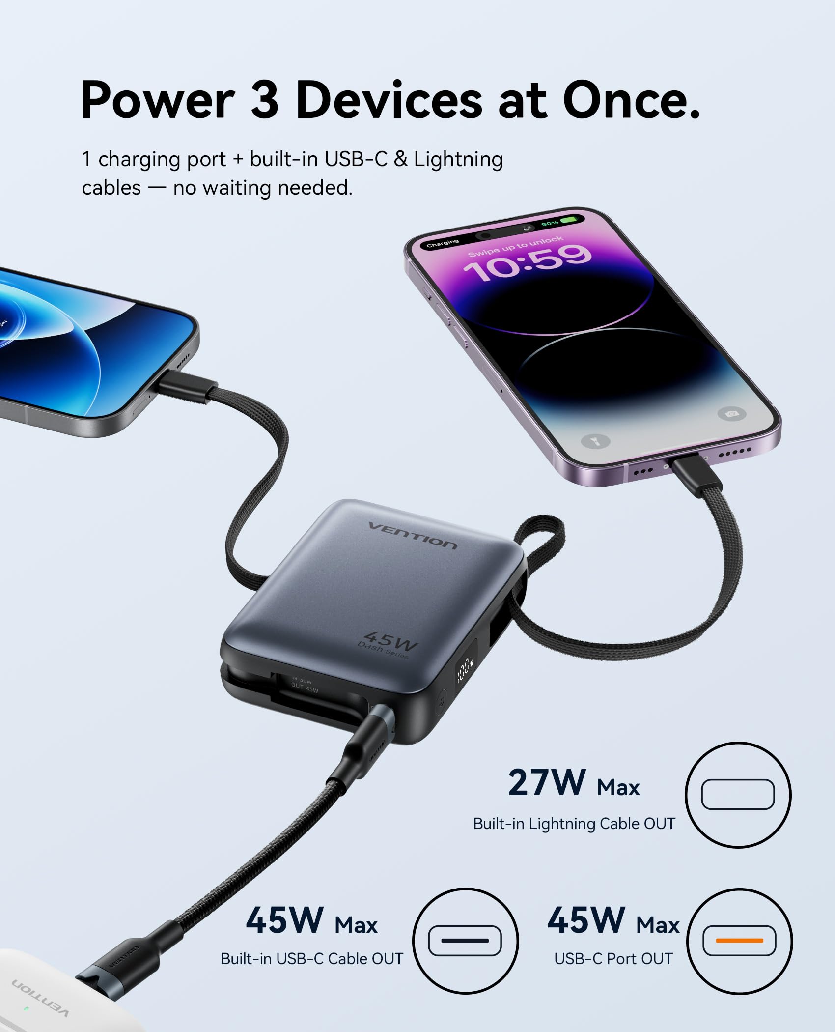 VENTION Mini Power Bank 10000mAh 45W Ricarica Rapida, con Cavo USB-C Integrato & Display Intelligente, Caricatore Portatile 3 Porte Compatibile con iPhone 16/15/14 Pro Max Plus, iPad, Galaxy S24 Ultra