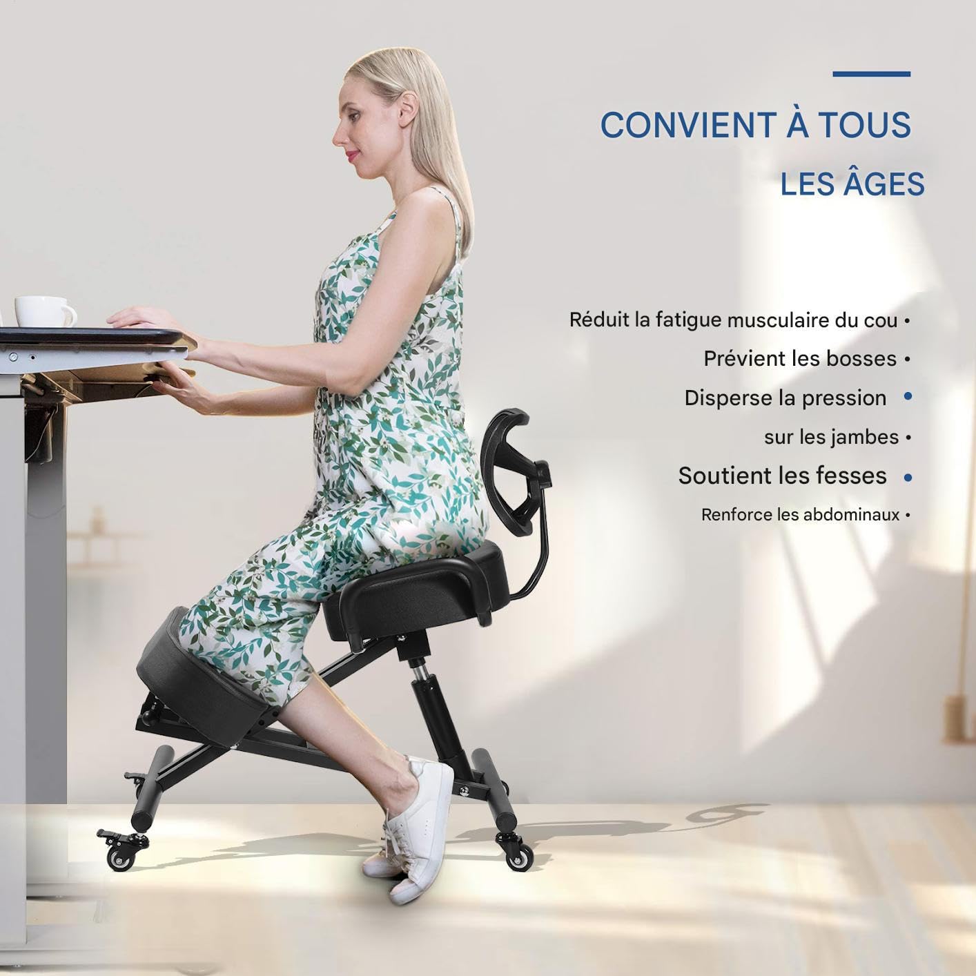 Chaise Ergonomique à Genoux avec Dossier - Hauteur réglable avec Coussins épais et roulettes verrouillables pour Le Bureau et la Maison. Tabouret correcteur de Post-ure pour soulager Les maux de Dos