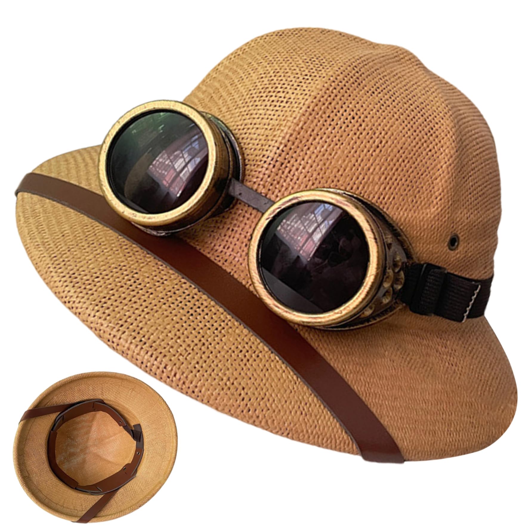 Casco coloniale a tesa larga con occhiali da uomo Cappello estivo in paglia color kaki