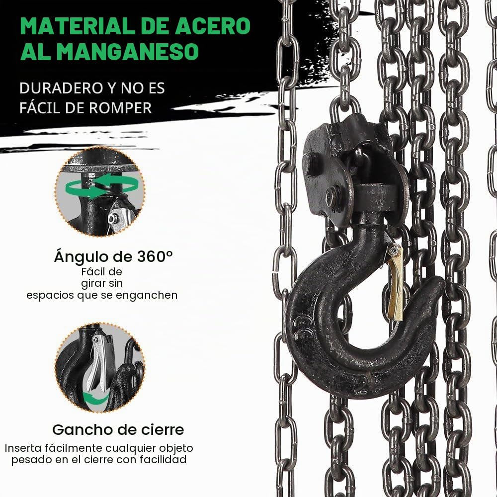 Polipasto de Cadena Manual con Gancho Resistente STANEW, Altura de Elevación 6,0 m, Verde,Doble Cadena de Carga,G80, Gancho de Elevación con Seguridad (2 toneladas 6,0 m)