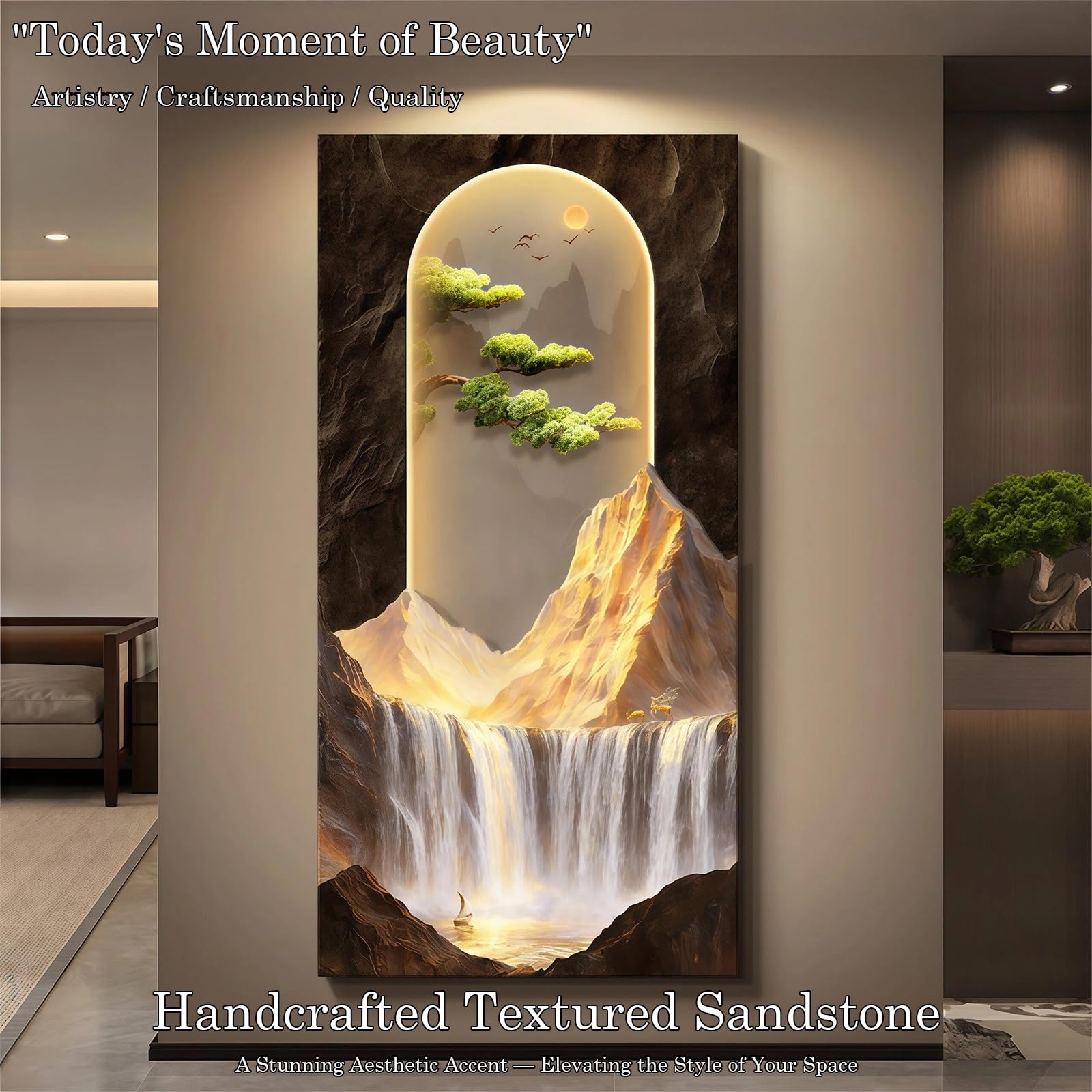 3D-Wandbild mit LED-Beleuchtung, Wandbild in Sandsteinoptik, handgemaltes 3D-LED-Gemälde mit Berg- und Kiefernmotiv, modernes Dekor mit Struktur für Eingangsbereich und Wohnzimmer (GelbB 15,