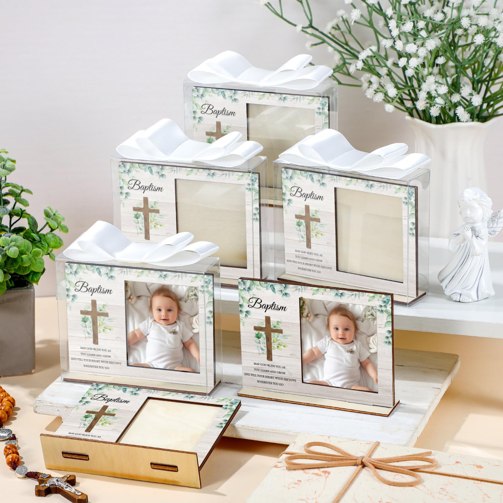 Vercraft Bilderrahmen zur Taufe, katholische Taufgeschenke, Holz-Bilderrahmen, Babyparty, Gastgeschenk mit transparenten Kunststoffboxen und Satinband-Schleifen für religiöse Erstkommunion, 12 Stück