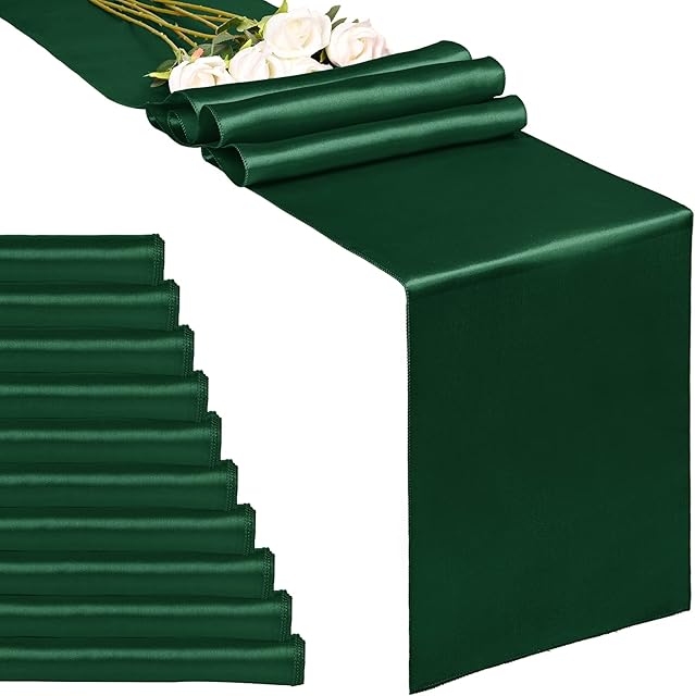 10-Pack Forest Green 12 x 108 inches Long Premium Satin Table Runner for Wedding, Decorations for Birthday Parties, Banquets, Graduations, Engagements, Table Runners fit Rectange and Round Table