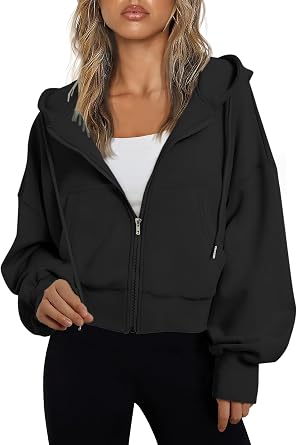 Jhsnjnr Womens Zip Up Hoodie Drawstring Long Sleeve Sweatshirt with Pockets Lightweight Hooded Cropped Jackets